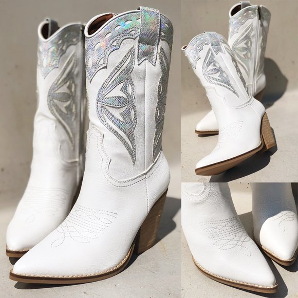 White Iridescent Metallic Applique Pointy Toe Block Heel Cowgirl Western Boots - Picture 6 of 15
